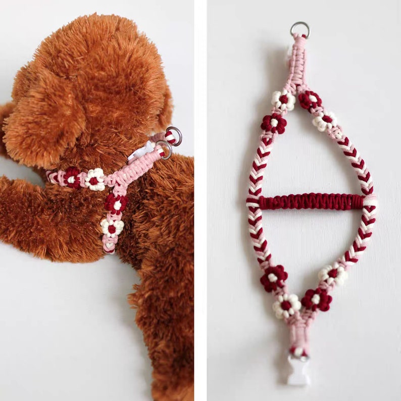 May include: A pink and burgundy crocheted dog harness with white flower accents. The harness is shown on a brown stuffed dog.