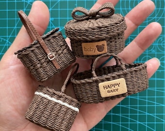 Rattan Miniature Basket for Storage, Rattan Basket for Tiny Bottles and Jars, Mini Foods Basket, Dollhouse Miniature Furniture,Gift for Doll