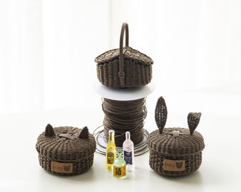 Set of 3 pcs Brown Rattan Basket for Miniature Food and Bottle, Dollhouse Miniature Furniture, Tiny Basket for Dollhouse, Gift for Girls