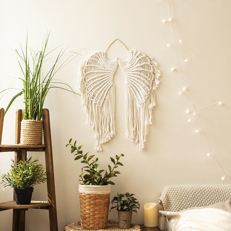 Macrame Angel Wings Macrame Wall Hanging, Boho Angel Swings Elehant Wall Tapestry, White Cotton Cord Wall Decor With Long Tassel image 4
