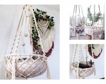 Macrame Cat Hamac Tissé Boho Cat Swing, Macrame Hanging Cat Bed With Pillow, Hanging Cat Bedding, Macrame Cat Hanger, Cat Bed