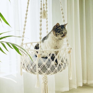 May include: A cat sits in a white macrame hanging cat bed with a gray cushion. The cat bed is suspended from the ceiling with white rope and has tassels hanging from the bottom.