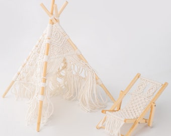 Macrame Folding Chaise, Miniature Tent, Miniature Lounge Chair, Dollhouse Furniture, Miniature Wigwam, Mini Recliner, Miniature Toys