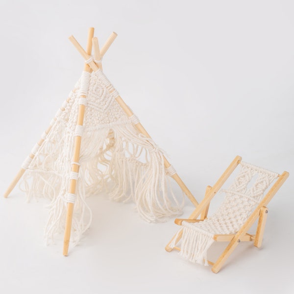 Macrame Folding Chaise, Miniature Tent, Miniature Lounge Chair, Dollhouse Furniture, Miniature Wigwam, Mini Recliner, Miniature Toys