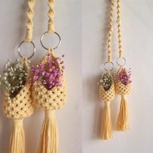 Peut inclure: Deux suspensions macram&eacute;es avec des cordons jaunes et des glands. Chaque suspension a un petit anneau m&eacute;tallique et contient un petit pot avec des fleurs roses et blanches.