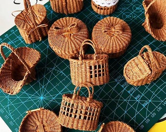 Different Styles Handcrafted Rattan Tiny Baskets Set for Miniature Doll, Miniature Baskets Collection for Fairy Picnic,Little Wicker Baskets