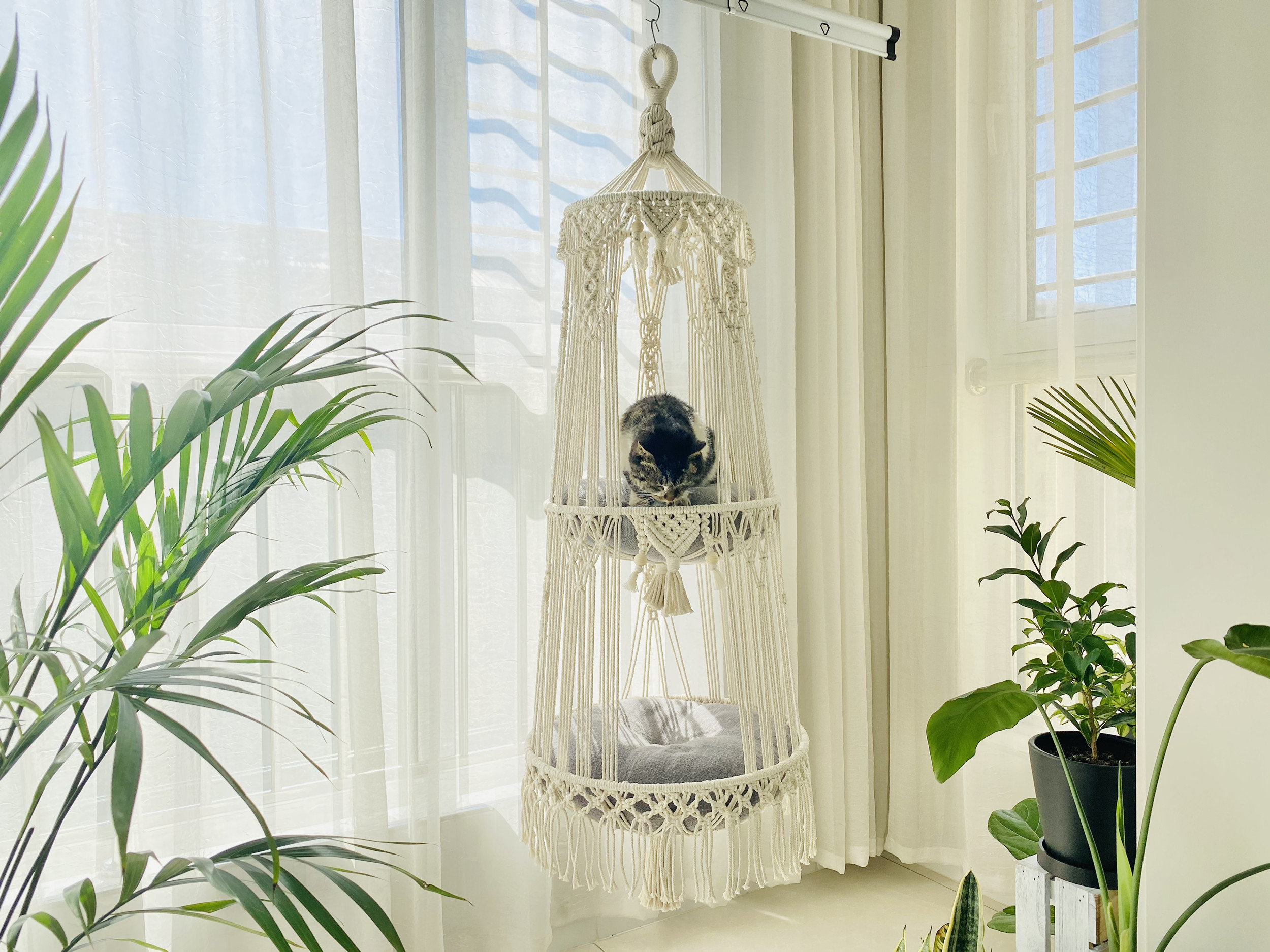 Exclusive 2 Tiers Macrame Hanging Cat Hammock Bed, Modern Creative Furniture, Cat Nesting, Gift For Lover