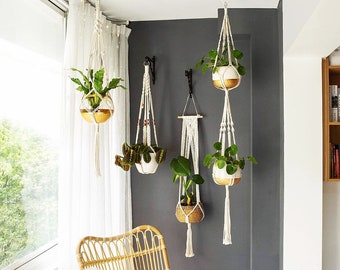 Set of 4 pcs Hanging Macrame Plant Hangers, Hanging Boho Planters, Pack of 4 - White Cotton Rope