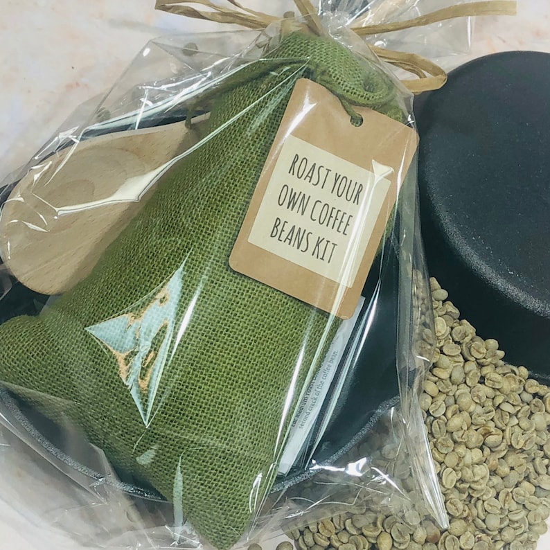Green Coffee Roast Your Own Kit Gift 2 lbs Unroasted Guatemalan Beans in Burlap Sack Cast Iron Skillet Wooden Spoon Directions image 1
