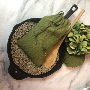 Green Coffee Roast Your Own Kit Gift 2 lbs Unroasted Guatemalan Beans in Burlap Sack Cast Iron Skillet Wooden Spoon Directions image 2