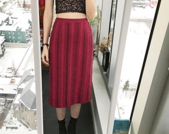 SM / Vintage Striped Pencil Skirt / 90s Wool Midi Skirt / Minimalist Red Burgundy Mid-Calf Straight Skirt / Size 24''~27''