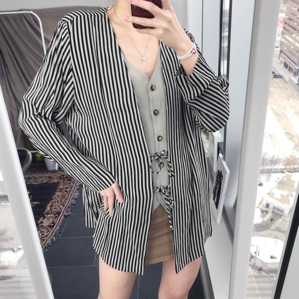 Oversized 1990s striped vest blouse / Vintage western style fake two-piece long sleeve top / 90s grey dress top / Size large - extra large