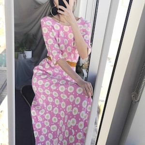 Medium / Vintage pink floral maxi dress / Boho hippie pastel summer dress / Pink white floral polka dots long dress