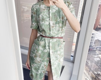 Vestido midi floral vintage de los 90: vestido retro verde pastel (talla M)