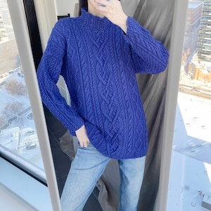 Vintage Royal Blue Turtleneck Sweater: 90s Chunky Knit, Cotton Rayon Blend