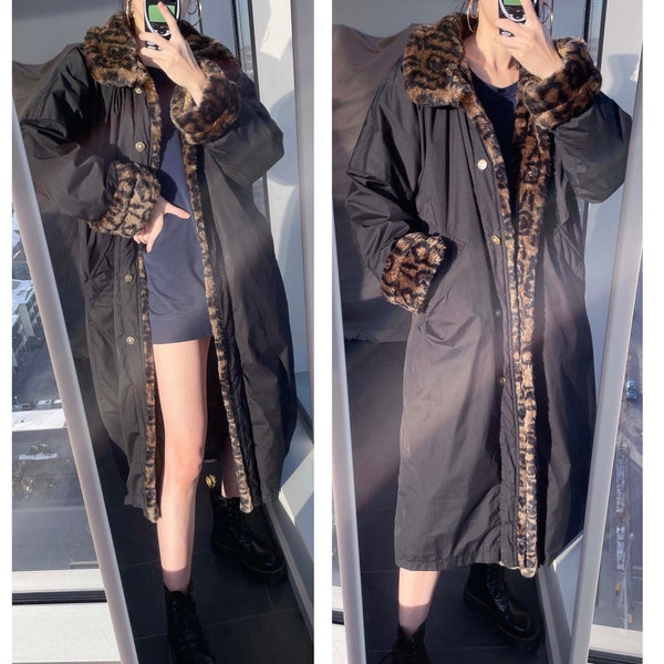 Vintage 80s 90s Black Leopard Fur Collared Coat / Oversized Animal Print Maxi Puffer Coat / Faux Leopard Fur Trim Maxi Coat Overcoat / XXXL