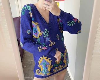 Vintage Floral Sweater / Oversized Multicolor Jumper / Retro Blue Yellow Green Silk Chunky Sweater / 80s 90s Baggy V-neck Pullover / S-L