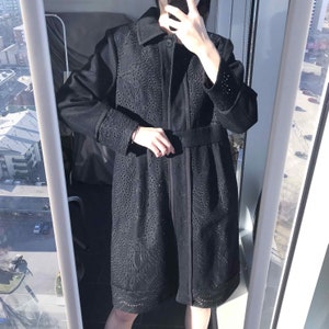 Wool blend punched hole maxi coat / Carved floral wool jacket / Black floral winter coat / Size medium