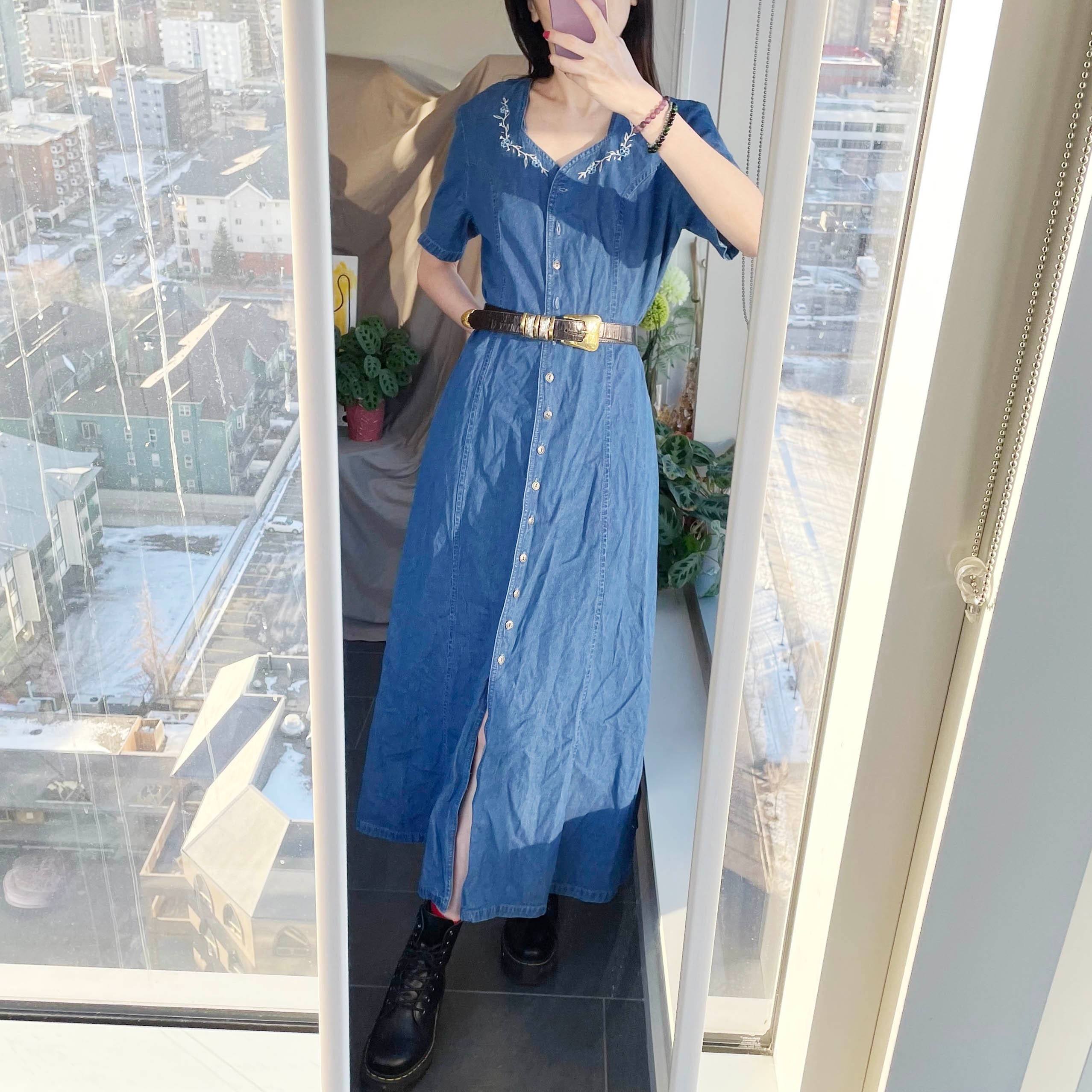 Vintage Embroidered Maxi Denim Dress 