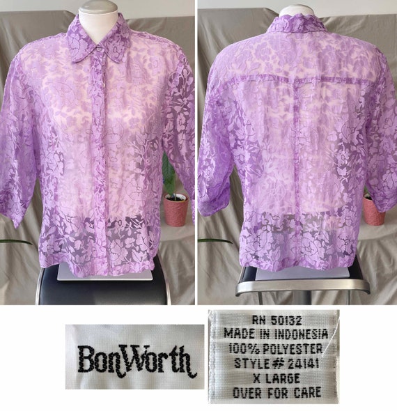 90s Floral mesh Blouse / Vintage pastel purple sh… - image 6