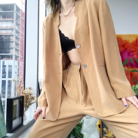 Mustard yellow vintage silk coat and pant set, two