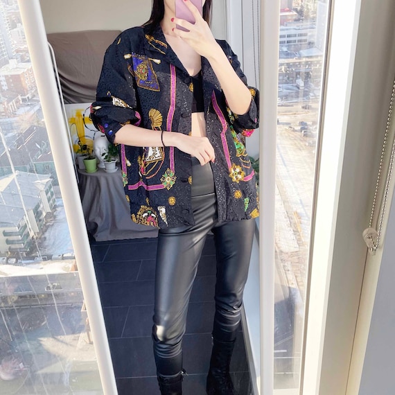 Vintage 80s90s Green Purple Lavon Baroque Floral Print Shell Bomber Jacket XXL