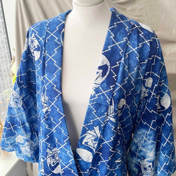 Vintage Daruma Doll Print Blue White Kimono / Ret… - image 8