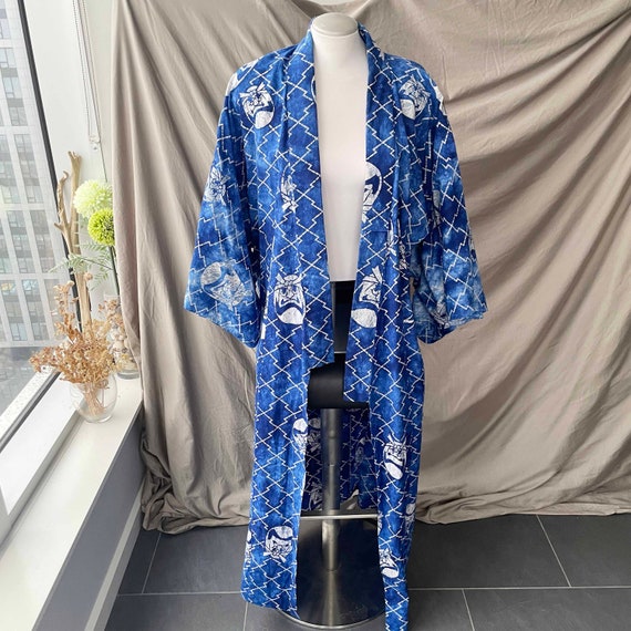 Vintage Daruma Doll Print Blue White Kimono / Ret… - image 5
