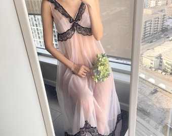 Vintage Pink Nylon Maxi Dress, Sheer Lace Lingerie, Size M-L