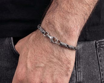 Oxidized Sterling Silver Mens Gothic Bracelet, Ornate Scroll Chain Bracelets 4.6mm, Statement Jewelry Gift for Men