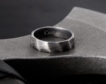 Enrgaved Sterling Silver Faceted Ring, Personalized Rustic Wedding Band, Mens Statement Jewelry Gift, Anniversary Promise Rings