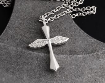 Engraved Wings Cross Necklace, Unisex 925 Sterling Silver Guardian Angel Pendant, Personalzed Christian Protection Everyday Jewelry Gift