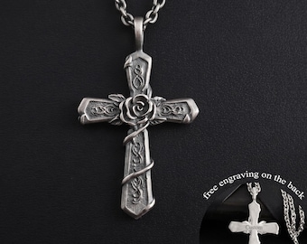 Collier croix rose en argent sterling personnalisé, pendentif chrétien gothique victorien à motif floral, bijou de protection gravé, cadeau unisexe