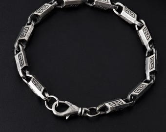 Bracelet en argent sterling oxydé à motif grec pour homme, bracelet chaîne imposant, bijou gothique pour homme, cadeau d'anniversaire ou autre.