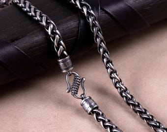 Oxidized Silver Wheat Chain Necklace for Men, 925 Sterling Spiga Chain, Nautical S Hook Clasp, Vintage Men’s Jewelry