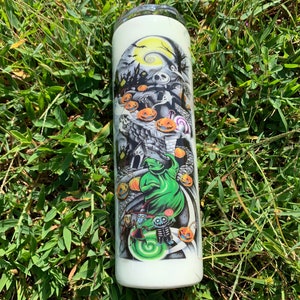 Halloween glow in the dark 20 ounce skinny tumbler. Fall tumbler. Scary tumbler spooky tumbler pumpkin king tumbler. image 3