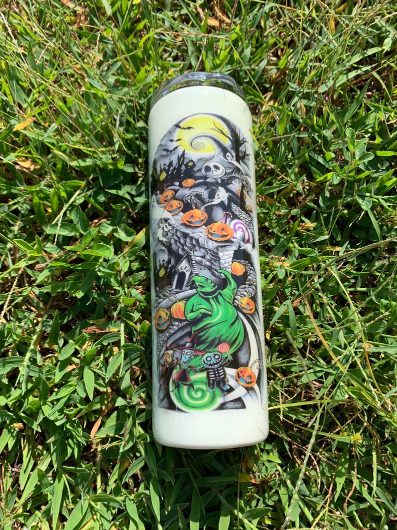 Halloween glow in the dark 20 ounce skinny tumbler. Fall tumbler. Scary tumbler spooky tumbler pumpkin king tumbler. image 3