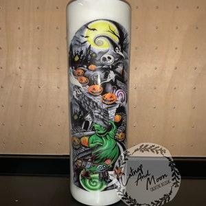 Halloween glow in the dark 20 ounce skinny tumbler. Fall tumbler. Scary tumbler spooky tumbler pumpkin king tumbler. image 1