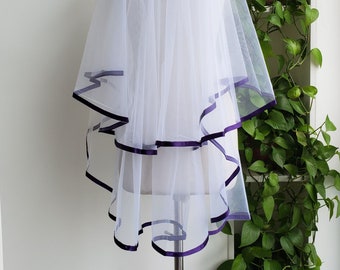 Two-layer purple ribbon bridal veils  Quality soft net bride veils wedding Vail White Ivory fingertip length wedding veil and comb