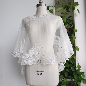 Elegant bridal party shawl veil lace APPLIQUE coat pullover Coat prom dress CAPE white or ivory jacket Rhinestone Shawl