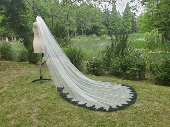 Black Lace veil Bride Wedding Cathedral veil Champagne  bridal veils White Ivory 3M and comb