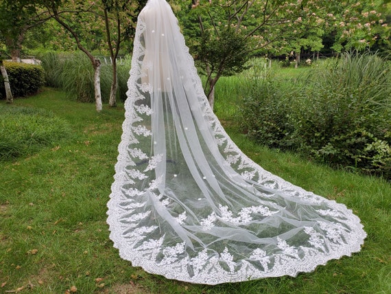Luxury Lace Veil Ivory Wedding Lace Embellished Veil Bridal  display picture 3