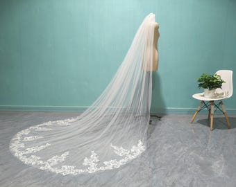 Lace Applique Bridal Veil, Cathedral Length 1 Layer Applique Veil, Romantic Wedding White Lace and Ivory Tulle Veil