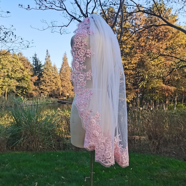 Pink wedding veil elbow veil lace veil bridal veil White ivory black pink veil