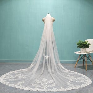 White Sequined Lace Bridal Veil, Cathedral Wedding Lace Applique Ivory Veil, Single Layer Sparkling Veil, Wedding Accessories