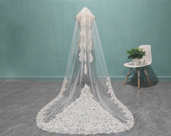 Fashion Bride Lace Applique Veil, White Ivory One Layer Lace Wedding Veil，Cathedral 118inch