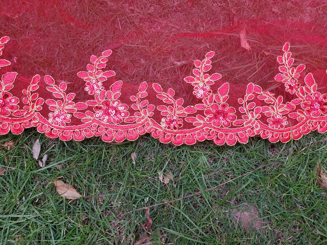 Red Sequins lace veil /Bridal Wedding Veil /Gold Lace Trim Etsy