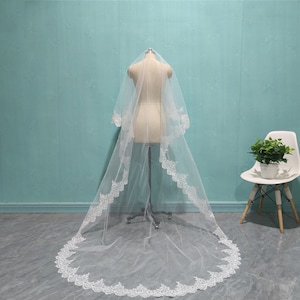 Cathedral Wedding Sequin Lace Veil, Delicate Bride Sequin Lace Veil, White Ivory Sequin Lace Veil, One Layer Combless Sequin Lace Veil