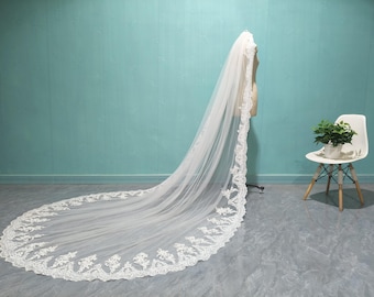 Wedding Lace Applique Veil, Cathedral White Bridal Veil, Ivory Lace Veil, Single Layer Wedding Veils