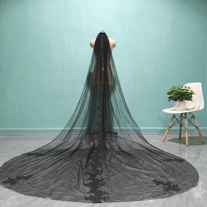 Simple Single Layer Black Lace Applique Veil, Cathedral Length Lace Applique Bridal Veil, White Ivory Wedding Tulle Veil
